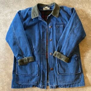 L.L. Bean Green and Blue Denim Jacket with Corduroy Trim Barn Coat Wool Lining